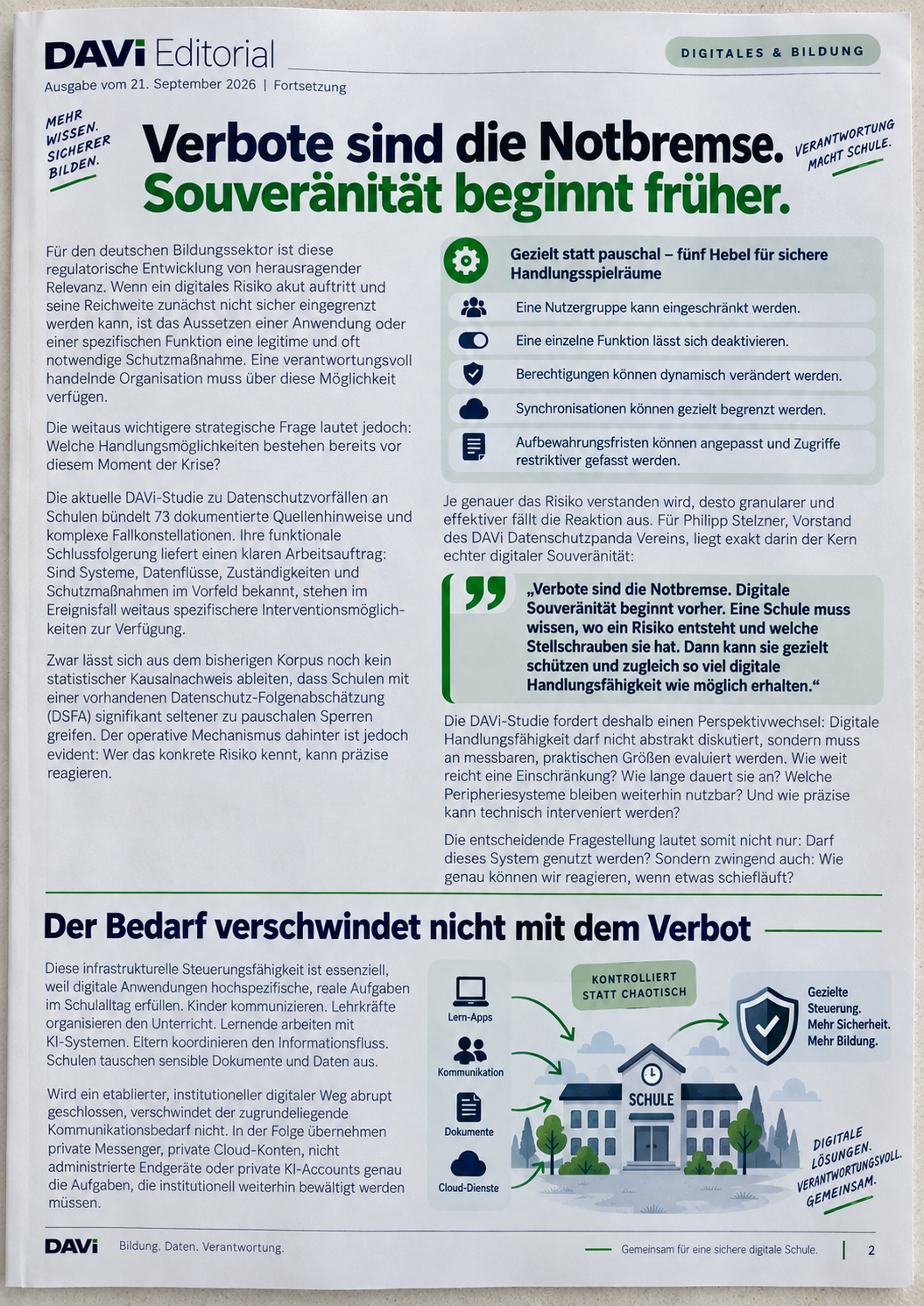 DAVi Editorial vom 21. September 2026, Seite 2: Verbote sind die Notbremse, Souveränität beginnt früher. Fünf Hebel für sichere Handlungsspielräume, Zitat von Philipp Stelzner und der Abschnitt Der Bedarf verschwindet nicht mit dem Verbot.