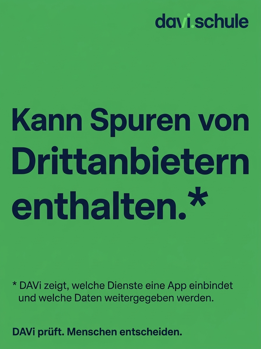 Plakat: Kann Spuren von Drittanbietern enthalten. DAVi zeigt, welche Dienste eine App einbindet und welche Daten weitergegeben werden.
